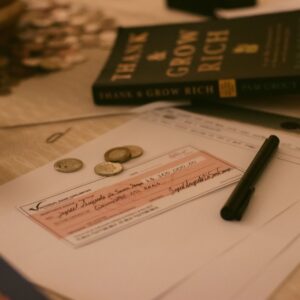 Close-up of a business desk with a check, coins, pen, and financial books, creating a financial planning vibe.